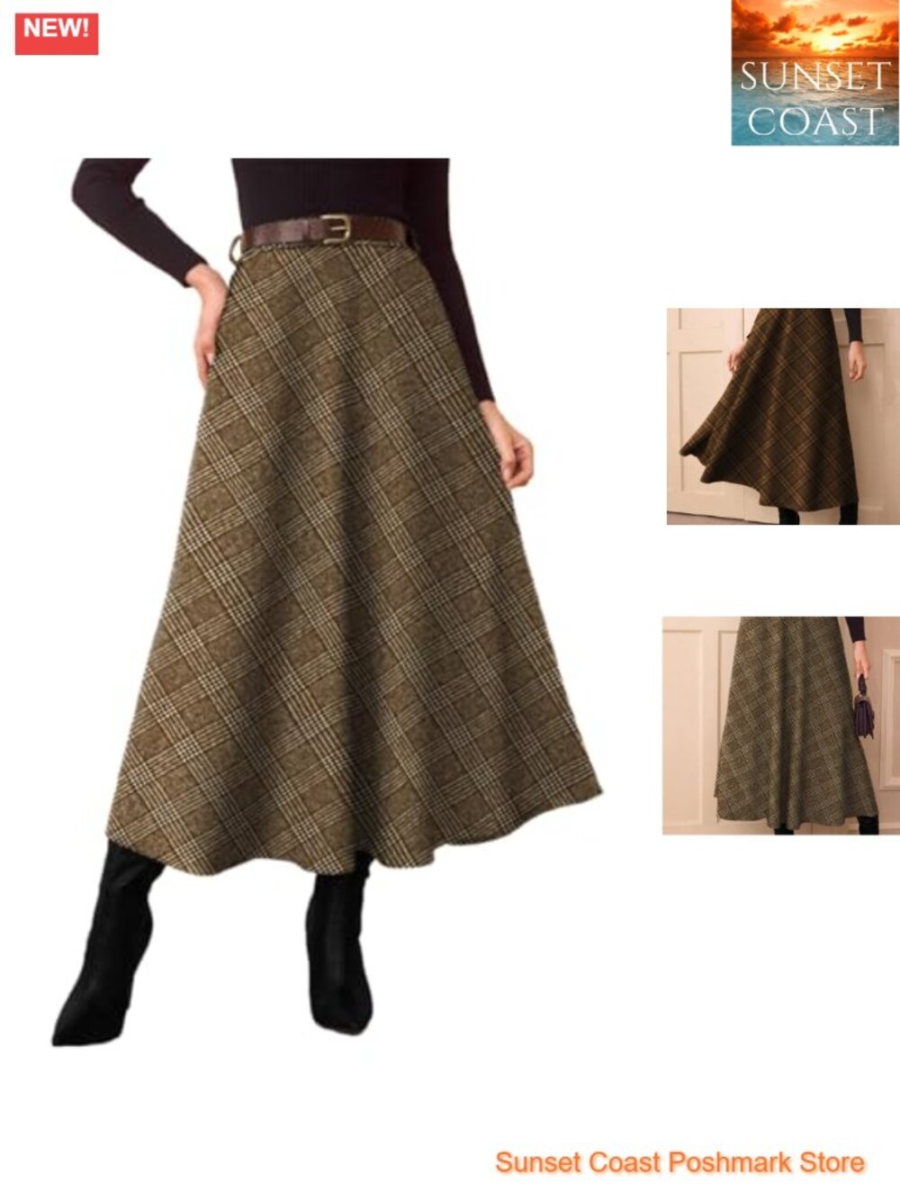 Women's A-Line Plaid Midi Skirt High Waist Flared Tartan Skirt
